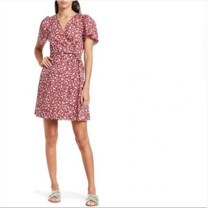 NEW $98 Madewell Flutter Sleeve Red Floral Wrap Mini Dress